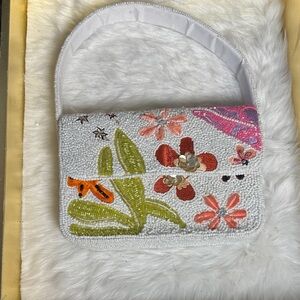 Floral Embroidered White Clutch